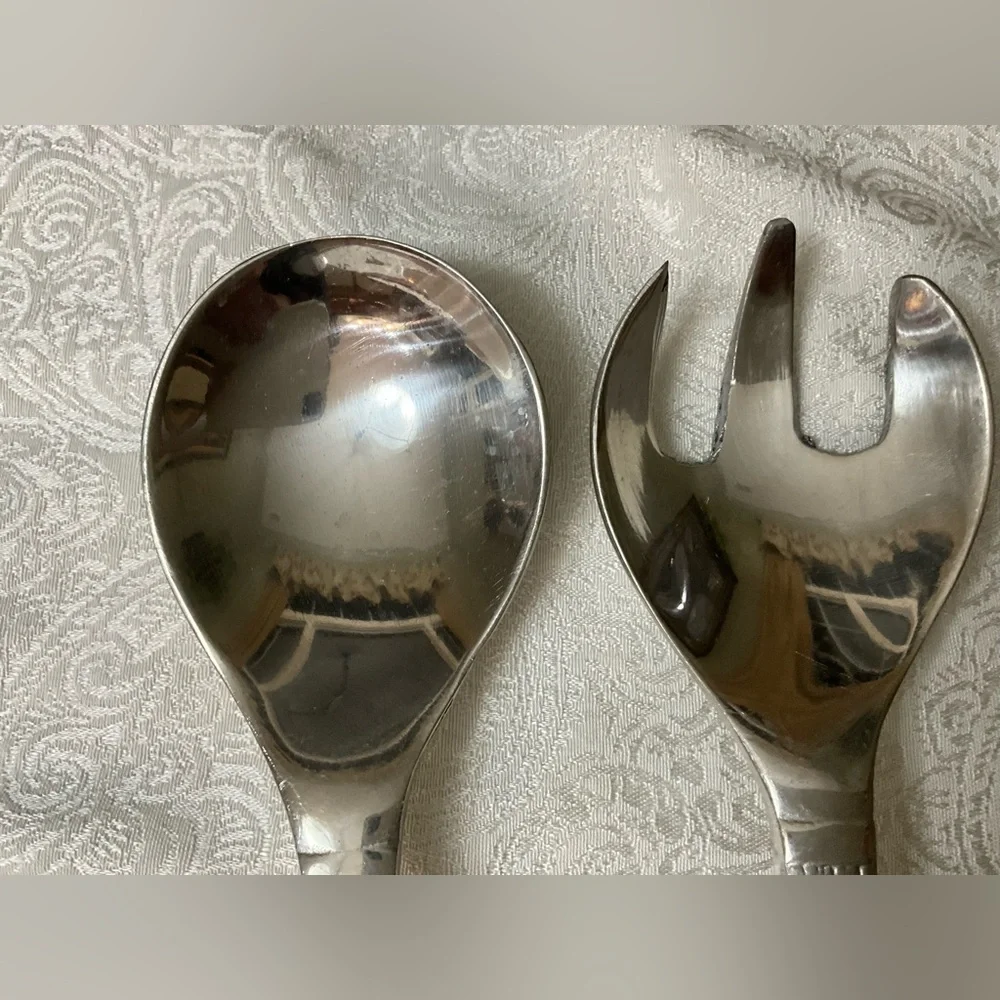 Vintage Stainless Steel Salad Serving Set Large Spoon Fork Textured Handles